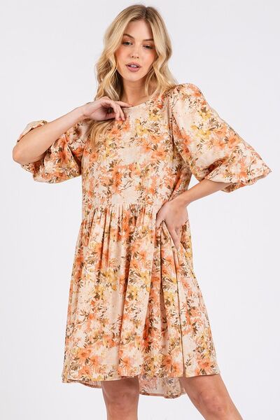 Mittoshop Blumenprint Leinenmischung Babydoll Minikleid
