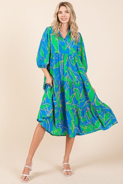 Mittoshop Gestuftes bedrucktes Midikleid mit Kragen