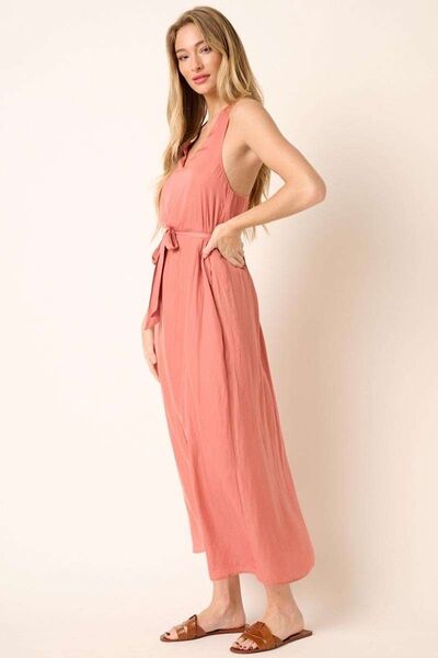 Mittoshop Maxikleid mit V-Ausschnitt, überkreuztem Rückenausschnitt und Gürtel