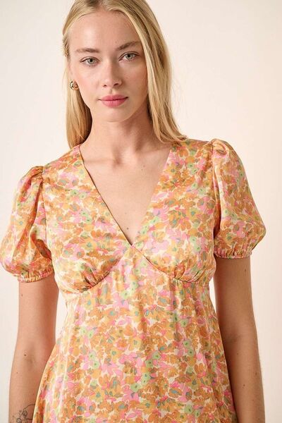 Mittoshop Bedrucktes V-Ausschnitt Puffärmel Minikleid