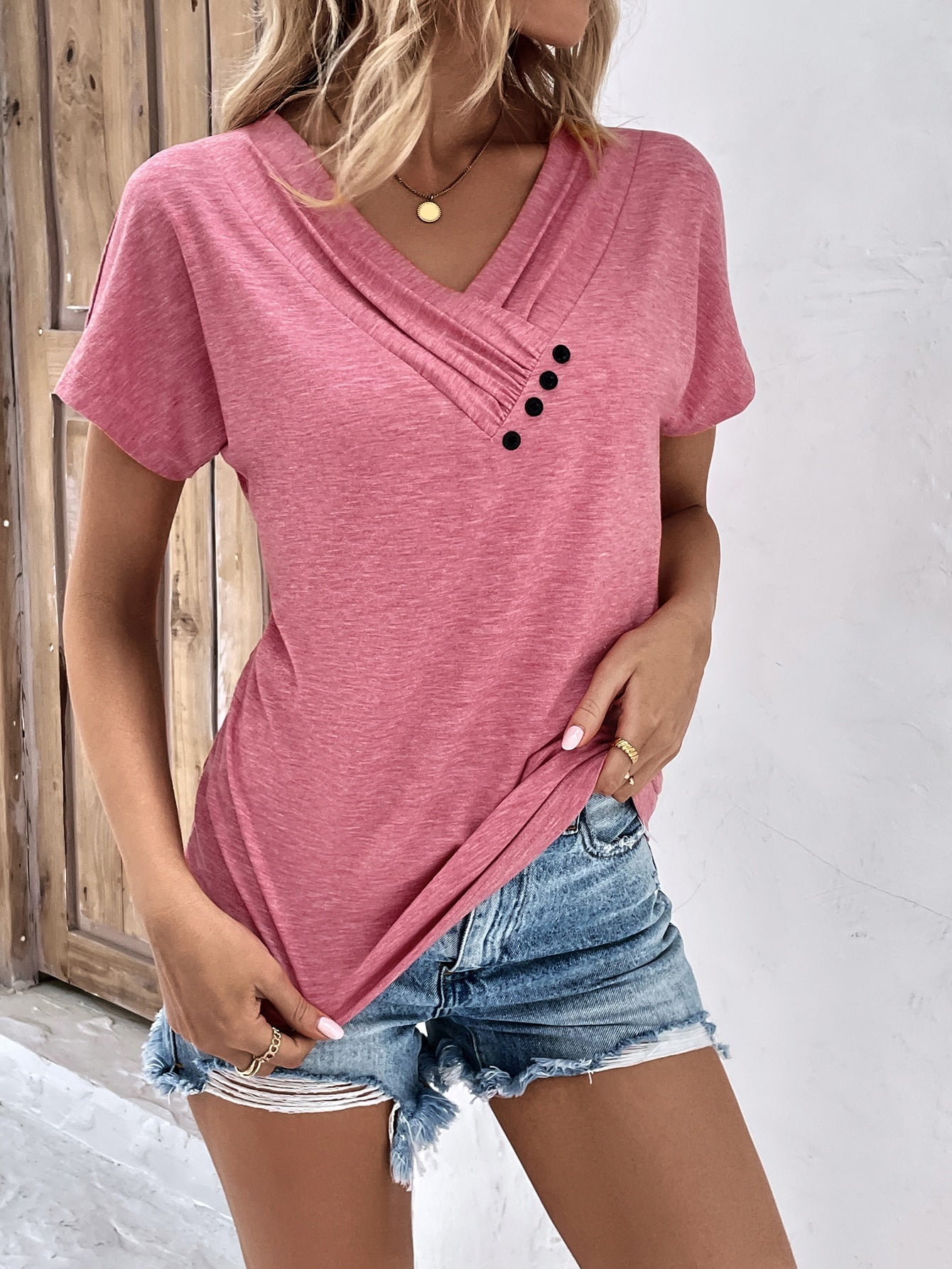 T-Shirt mit V-Ausschnitt und Knopfleiste (3 kaufen, kostenloser Versand)