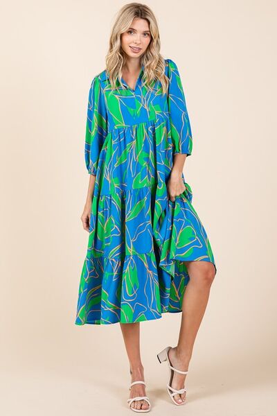 Mittoshop Gestuftes bedrucktes Midikleid mit Kragen