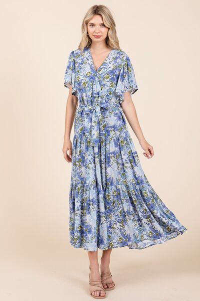 Mittoshop Geblümtes Kleid mit Bindegürtel und Stufenrock