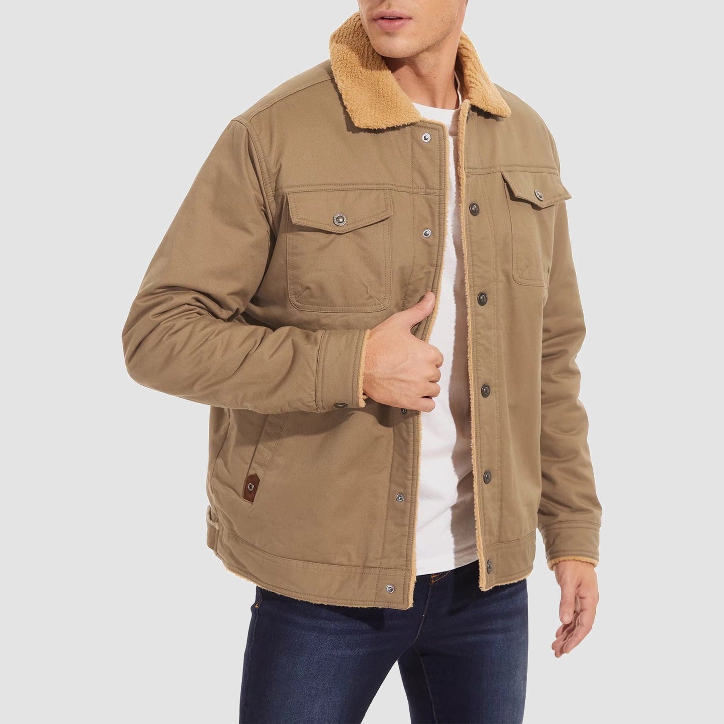 Herren Sherpa Trucker Jacke 5 Taschen Baumwoll Cargo Jacke Umlegekragen Wintermäntel
