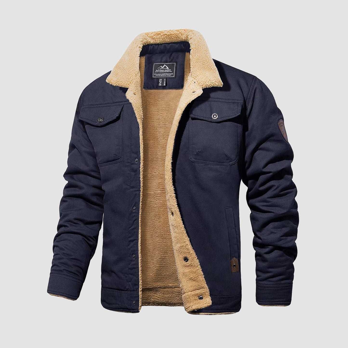 Herren Sherpa Trucker Jacke 5 Taschen Baumwoll Cargo Jacke Umlegekragen Wintermäntel