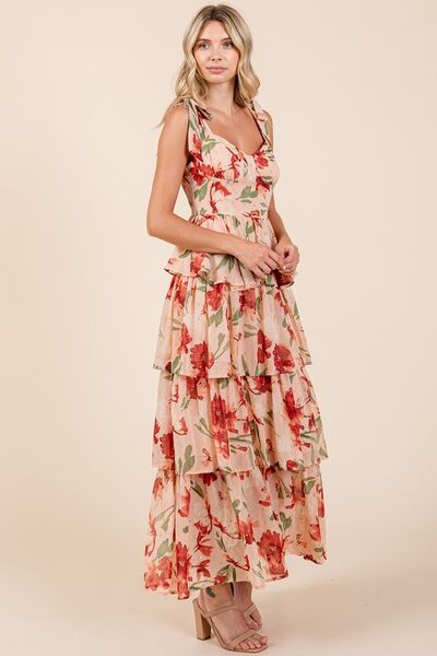 Mittoshop Layered Floral Sweetheart Neck Maxikleid