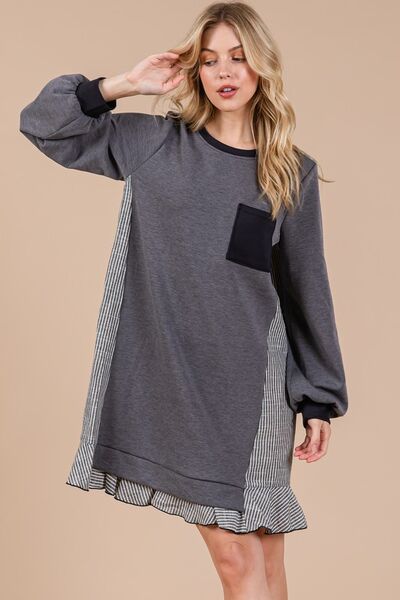 Ces Femme Gestreiftes Patchwork Rundhals-Sweatshirtkleid aus Frottee